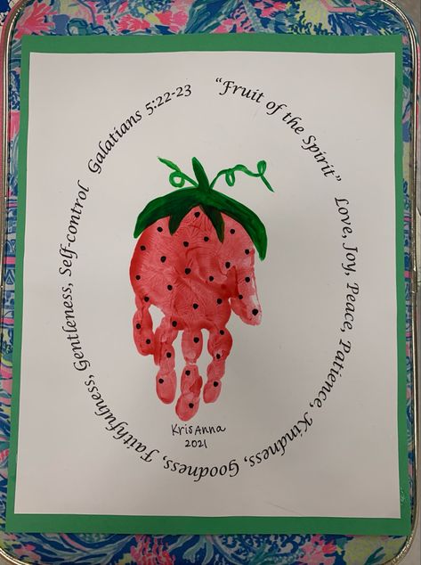 Fruit If The Spirit Crafts, Fruit Of The Spirit Tree Craft, Strawberry Toddler Craft, Fruit Of The Spirit Lessons For Toddlers, Fruit Handprint Art, Preschool Fruit Crafts, Fruit Of Spirit Crafts For Kids, Bible Verse Handprint Craft, Fruit Of The Spirit Joy Craft