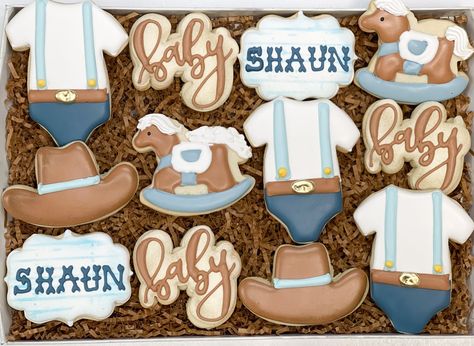 1 dozen cookies. Each cookie will come individually heat sealed for freshness. colors can be customized. Cookie sets on our website are sold as pictured. We can customize the names/ages/colors. If you would like something more custom please contact us for a custom order. 1st Rodeo Cookies Boy, Cowboy Baby Shower Cookies, Western Baby Shower Cookies, Rodeo Baby Shower, Baby Shower Sugar Cookies, Sport Cupcakes, Baby Boy Cowboy, Rodeo Baby, Character Cupcakes