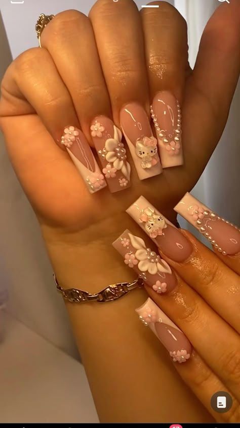 Hello Kitty Nails With 3d Flower, Flower Nails Charms, Cute Pink Nails With Charms, Pink 3d Flower Nails Short, Medium Square Acrylic Nails 3d Flowers, Hello Kitty Nails Medium Length, Medium Nails With Charms, Hello Kitty Nails Medium, Cute Nails With Charms