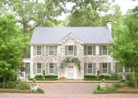 What is the difference between all the various wash types?  German smear, limewash, whitewash, etc. Whitewash Brick House, White Wash Brick Exterior, Brick Restoration, White Brick House, Dream House Country, German Schmear, Green Shutters, Painted Brick House, White Wash Brick