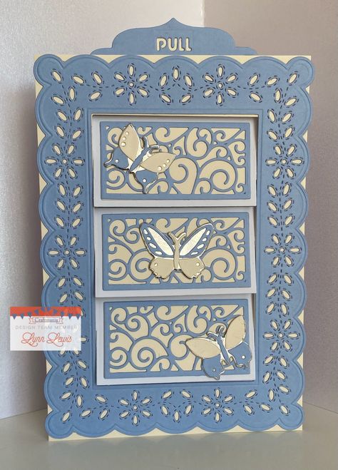 Spellbinders Design Team ~ Fluttering Shutters By Lynn Lewis | Craftmania Blog Shutter Cards, Pop Up Card Templates, Filigree Pattern, Clear Glue, Hello Lovely, Embossing Folders, White Bow, Eyelet Lace, Silver Mirrors