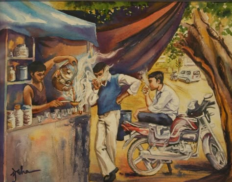 "Chaay Tapri" (Tea Stall) Watercolors Artist: Medha Atre Kulkarni www.Facebook.com/MedhaArtStudio #WorldWatercolorMonth #gardenstatewatercolorsociety Indian Tea Stall Illustration, Tea Stall Composition Painting, Tea Stall Illustration, Road Side Tea Stall Drawing, Tea Stall Composition, Tea Stall Sketch, Tea Stall Painting, Tea Stall Drawing Composition, Tea Stall Design