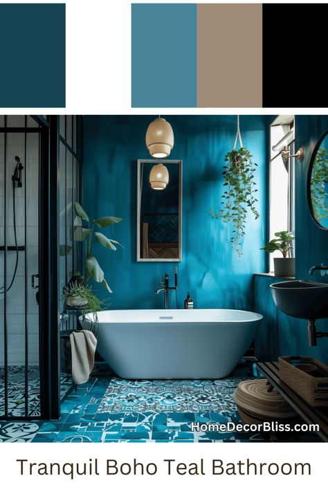 Bohemian Sanctuary: Teal Bathroom with Freestanding Tub and Moroccan Tiles Dark Teal Bathroom, Bathroom With Freestanding Tub, Moroccan Bathroom Decor, Turquoise Bathroom Decor, Moroccan Style Bathroom, Dark Brown Bathroom, Blue Green Bathrooms, Blue Tile Floor, Dark Blue Tile