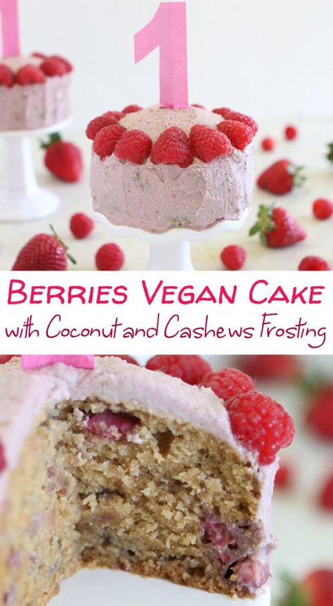 Fruity baby cake for a first birthday party: strawberry and raspberry vegan cake with coconut and cashew frosting. Super delicate and allergy free! Cashew Frosting, Healthy Smash Cake, Smash Cake Recipes, Cake With Coconut, Apple Smoothie, Vegan Birthday Cake, Dairy Free Cake, Baby Cake Smash, Vegan Baby