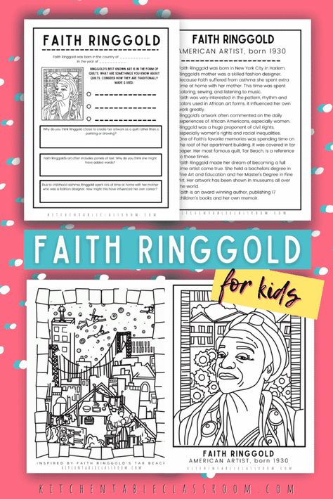 Use these four free printables and book list to learn about the artist Faith Ringgold for kids. Faith Ringgold Art Project, Faith Ringgold Art Lesson, Bhm Art, Faith Ringgold Art, Culture Crafts, African American History Month, Faith Ringgold, Artist Study, Art Education Lessons