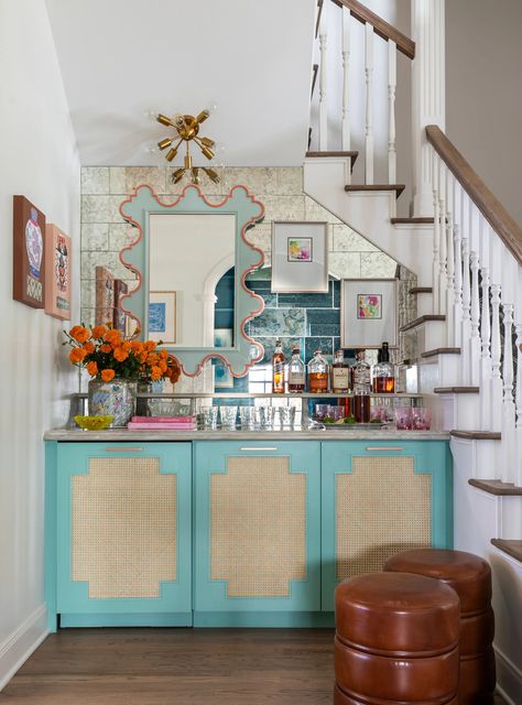 Wet Bar: Everything You Need to Know About the In-Demand Feature | Architectural Digest Home Bar Ideas, Kitchen Bar Counter, Statement Light Fixture, Oak Trim, Basement Living Rooms, Home Bars, Dry Bars, Copper Bar, Quartzite Countertops