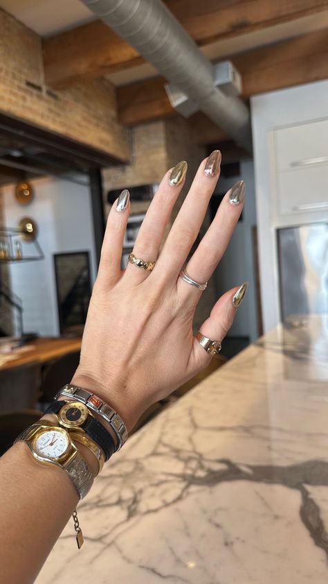 Gold silver bronze nails Mixed Metals Outfit, Mixed Metals Nails, Gold And Silver Chrome Nails, Mixed Metal Nails, Metal Chrome Nails, Silver Gold Nails, Silver And Gold Nails, Gold And Silver Nails, Gold Silver Nails