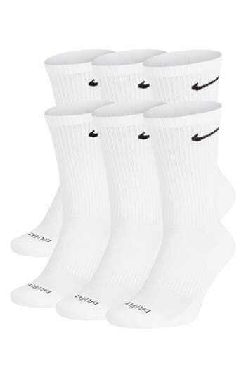 Sweat-wicking Dri-FIT knit with breathable mesh at the top of the foot and a fit-enhancing arch band ensure cool comfort in these cushioned crew socks. Pack of six pairs Cotton/polyester/spandex/nylon Machine wash/tumble dry Imported White Nike Dri Fit Socks, White Nike Crew Socks, Nike Socks Long, Long White Nike Socks, Nike Socks Dri Fit, White Nike Socks Aesthetic, Preppy Nike Socks, High Nike Socks, Long Nike Socks