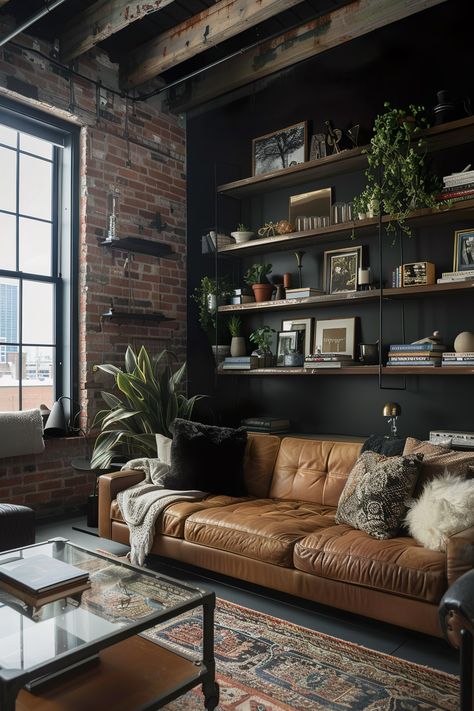 Cozy living area with a tan leather sofa, brick walls, and a mix of plants and decor on shelves. Rustic house interior design with a city view. Dark Masculine Living Room, Brown And Green Living Room, Dramatic Living Room, Eclectic Garden, Dark Living Room Ideas, Industrial Decor Living Room, Black Accent Wall, Feminine Living Room, Masculine Living Rooms