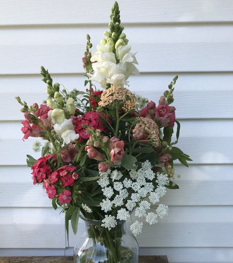 Mid June bouquet. Snapdragons, yarrow, dianthus, ammi major Snapdragon Bouquets, Yarrow Bouquet, Snapdragon Bouquet, June Bouquet, Bouquet Recipes, Bouquet Recipe, Floral Work, Bouquet Ideas, Flower Stands