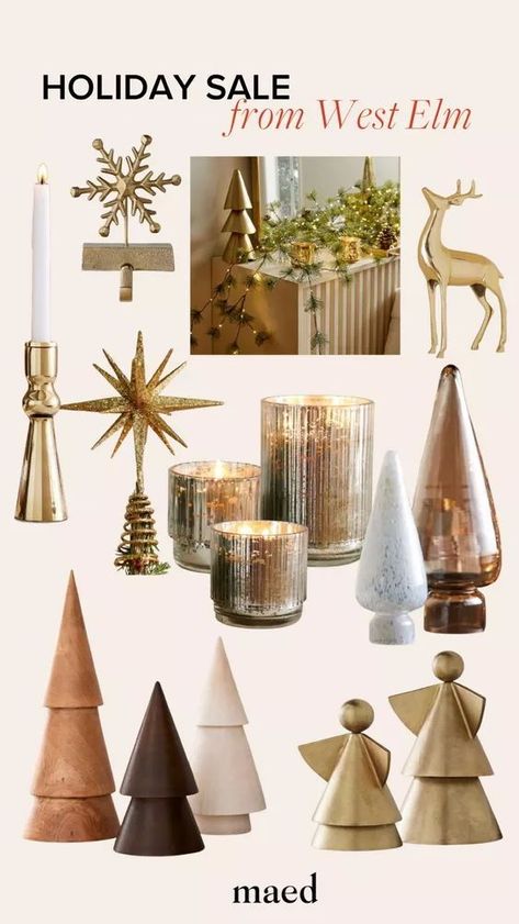 The holiday season is here and make your home festive with this Christmas home décor shopping guide from West Elm! From golden trees to candle sticks and reindeer, find the perfect accessories to decorate your home for the holidays! (I make commissions for purchases made through the link in this pin) West Elm Christmas Tree, West Elm Christmas, Spruce Garland, Gold Holiday Decor, Golden Tree, Gold Holiday, Chic Holiday, Candle Sticks, Home For The Holidays