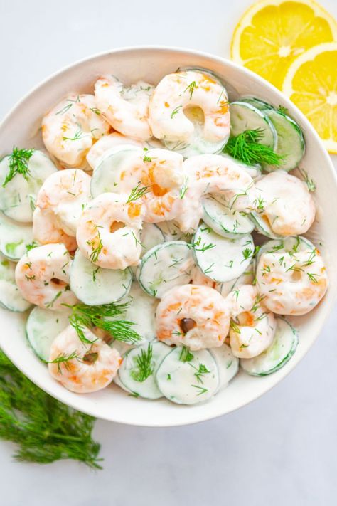 Cold shrimp and sliced cucumber with a creamy, lemony dressing and fresh herbs. Easy and flavorful! Shrimp And Cucumber, Cucumber Shrimp, Cooking Raw Shrimp, Cold Shrimp, Lemony Dressing, Salad Caprese, Salad Coleslaw, Lemon Garlic Shrimp Pasta, Salad Quinoa