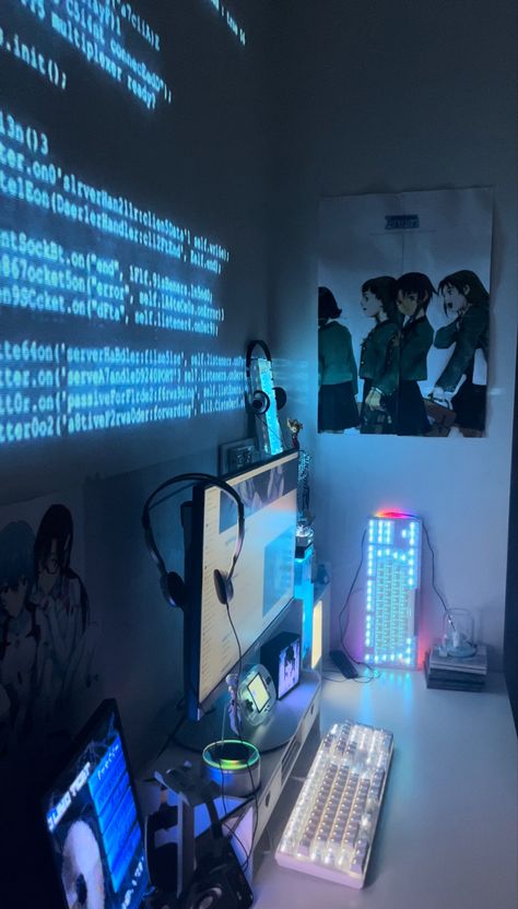 Lain Wired, Aesthetic Christmas Decor Bedroom, Futuristic Room, Cyberpunk Room, Tech Room, Room Redesign, Computer Room, Anime Room, Gaming Room Setup