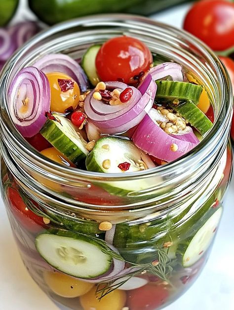 Pickled Cherry Tomatoes, Red Onions, and Cucumbers Pickled Veggies Recipe, Pickled Cherry Tomatoes, Pickled Vegetables Recipe, Pickled Tomatoes, Pickled Cherries, Refrigerator Pickles, Fermentation Recipes, Pickled Veggies, Cucumber Recipes