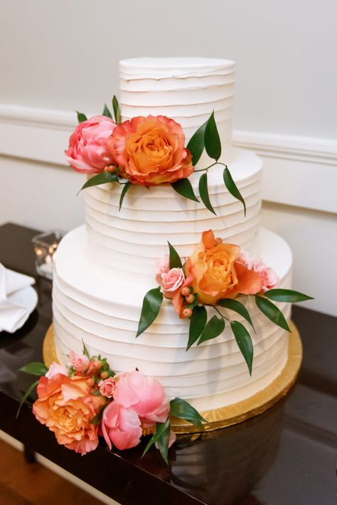 St. Louis wedding photographer Wedding Cake Pink And Orange, Orange And Pink Wedding Cake, Wedding Cake Coral Flowers, Pink And Orange Sweet 16, Pink Orange Wedding Cake, Wedding Cake With Colorful Flowers, Pink And Orange Cake, 3 Tier White Wedding Cake, Coral Wedding Cakes