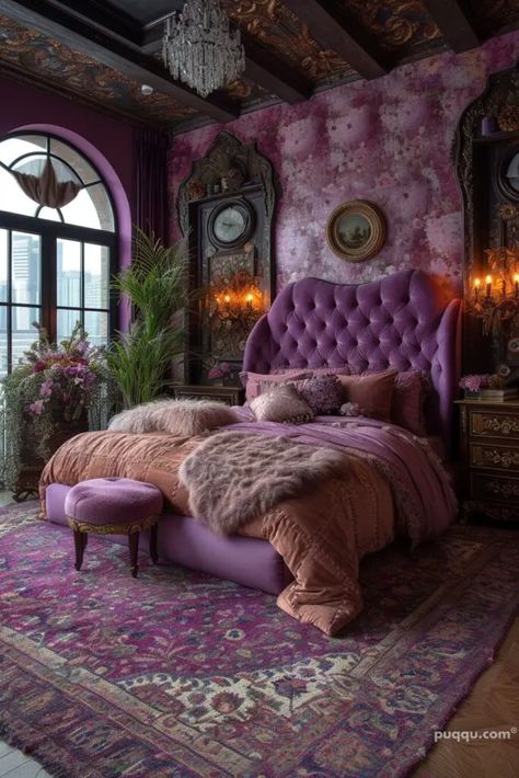 Cozy Glam Bedroom Decor: Transform Your Space Stylishly - Puqqu Cozy Glam Bedroom, Oasis Decor, Cozy Glam, Glam Bedroom Decor, Gothic Bedroom, Purple Bedrooms, Moody Bedroom, Feminine Bedroom, Purple Bedroom