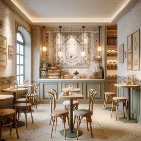 AI rendering of a cozy French-inspired cafe French Cafe Design Interiors, French Cafe Flooring, Parisian Cafe Aesthetic Interior, Royal Cafe Aesthetic, French Cafe Interior Design Coffee Shop, French Cafe Color Palette, French Boulangerie Aesthetic, Coffee Shop With Fireplace, French Cafe Dining Room