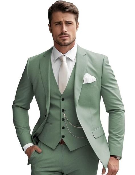 20 Sage Green Wedding Ideas - LADY WEDDINGS Sage Green Tuxedo Wedding Groomsmen, Eucalyptus Green Suit, Mint Green Tuxedo Men, Pale Green Suit Men, Garden Wedding Suits Men, Groomsmen Green Suit, Bridesmen Attire, Groomsmen Attire Sage Green, 3 Piece Suit Men Wedding