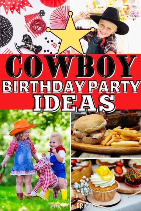 YEE-HAW! It's party time with these awesome Cowboy Birthday Party Ideas! Includes easy decorations for a western party, cowboy party bags, cowboy birthday favors, cowboy party games & cowboy themed food. Wild West Theme Party, Cowboy Party Games, Cowboy Birthday Party Ideas, Cowboy Birthday Party Decorations, Cowboy Party Invitations, Dinosaur Birthday Party Ideas, Cowboy Themed Birthday Party, Easy Decorations, Cowboy Theme Party