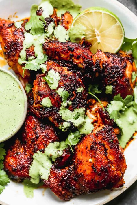 Peruvian Chicken With Green Sauce, Chicken With Green Sauce, Peruvian Chicken Recipe, Dark Inner Thighs, Chicken Stuffed Shells, Peruvian Chicken, Peruvian Dishes, Marinated Chicken Thighs, South American Recipes