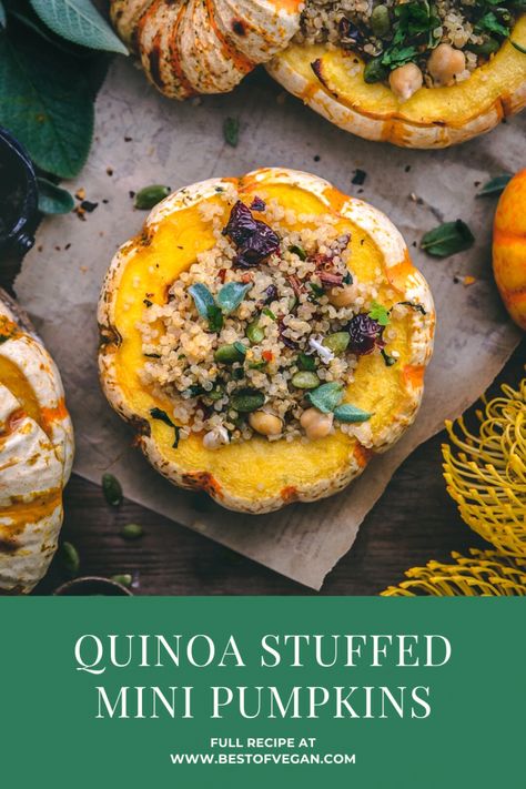 These quinoa stuffed mini pumpkins are a perfectly wholesome fall appetizer or side, and they are certainly too adorable to not be shared with loved ones this fall! Get the full recipe here. #bestofvegan#veganpumpkinrecipe#veganstuffedpumpkin#ministuffedpumpkin#veganfallrecipe Pumpkin Recipes Vegetarian, Stuffed Mini Pumpkins, Fall Appetizer, Meal Prep Easy, Pumpkin Quinoa, Fall Meal, Vegan Pumpkin Recipes, Fall Appetizers, Vegan Inspiration