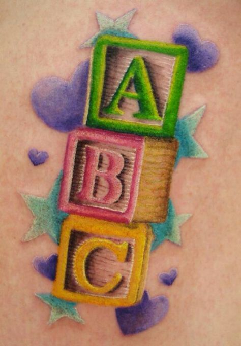 Tattoo idea Abc Blocks Tattoo, Blocks Tattoo, Pleaded Skirts, Block Tattoo, Abc Block, Baby Building Blocks, Tattoo Free, Awesome Tattoo Ideas, Baby Tattoo