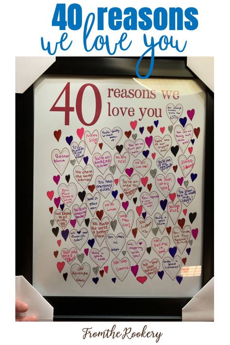 40 Reasons we love you. Thank you so much to my customer for sharing. The poster is 11x14 inches in my pink design. She also colored the hearts with pens. Happy Birthday 40, 40th Birthday Themes, 40th Party Ideas, 40th Birthday Poster, 40th Birthday For Women, 40th Birthday Presents, 40th Bday Ideas, 40th Birthday Party Decorations, 40th Birthday Gifts For Women