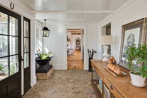 Brick Foyer Entryway, Brick Foyer, Modern Farmhouse Foyer, Herringbone Brick Floor, Farmhouse Foyer, Mud Room Entry, Foyer Entryway, Cozy Living Spaces, Brick Pavers