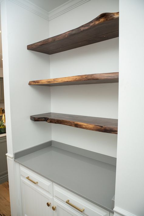 Live Edge Pantry Shelves, Wood Shelf Ideas Living Room, Live Edge Built In Shelves, Walnut Shelves Living Room, Floating Shelf Bookcase, Live Edge Shelves Living Room, Live Edge Kitchen Shelves, Live Edge Shelves Kitchen, Live Edge Bookshelf