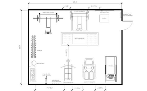 500 Square Foot Home Gym: Free Floor Plan & Equipment List | PowerliftingTechnique.com Small Gym Floor Plan, Home Gym Dimensions, Small Gym Layout, Gym Design Plan, Gym Plan Architecture, Home Gym Layout Floor Plans, Home Gym Floor Plan, Gym Layout Plan, Gym Floor Plan