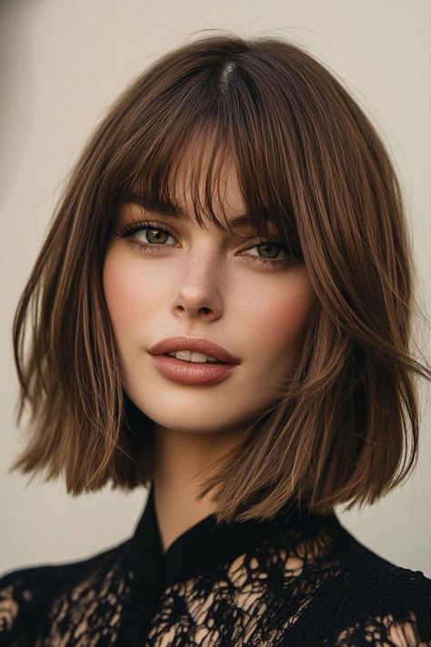 Side Bangs With Shoulder Length Hair, Short Hair With Face Framing Bangs, Mid Length Hair With Side Bangs, Shoulder Length Layered Hair With Bangs, Feathery Bangs, Above Shoulder Length Hair, Messy Bob Haircut, Shoulder Length Layered Hair, Shoulder Length Hairstyles