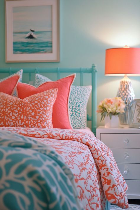 13 Stylish Teal And Orange Bedroom Designs - DreamyHomeStyle Coral And Teal Bedroom, Coral Bedroom Ideas For Adults, Coral Bedroom Ideas, Teal And Orange Bedroom, Bedroom Ideas For Adults, Teal Nightstands, Teal Bedroom Ideas, Teal Artwork, Teal Dresser