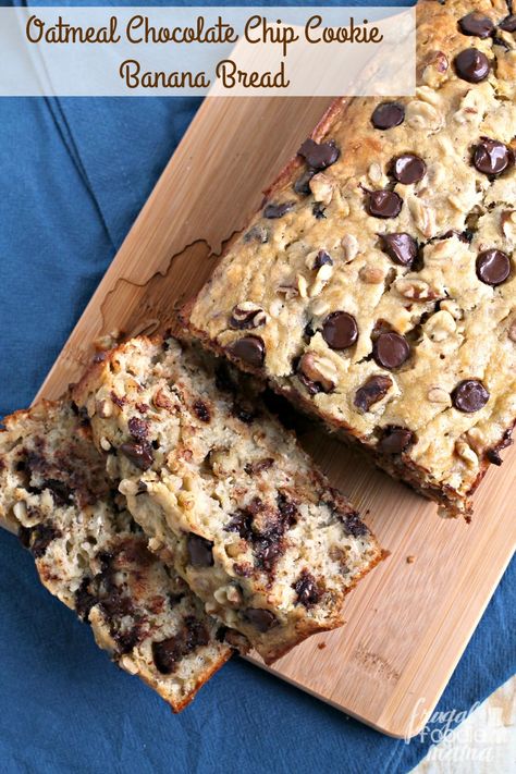 This family pleasing Oatmeal Chocolate Chip Cookie Banana Bread is chock full of hearty oats, gooey chocolate chips, & crunchy walnuts. Banana Oat Chocolate Chip Bread, Oatmeal Chocolate Banana Cake, Banana Oatmeal Loaf, Muffin Banana, Oatmeal Chocolate Chip Cookie, Dessert Breads, Gf Flour, Bread Easy, Oatmeal Chocolate Chip