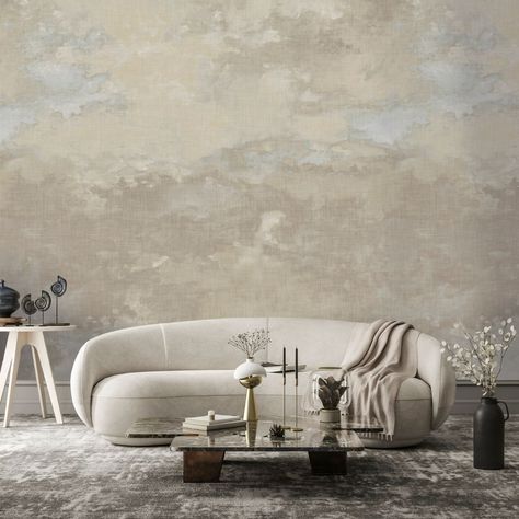 Discover Buena Vista...a captivating mural from the new Andalusia collection that creates an overall cloudy effect against a subtle metallic woven look background. Buena Vista in Natural as featured is the perfect mural for creating a serene yet impactful statement and can be perfectly paired with semi plain Lorena in colour ways Ebony or the luxury glass beaded alternative Lorena Taupe. Buena Vista is a six panel mural with 3m high panels each panel is 53cm wide covering a width of 3.18m. T... Neutral Wall Mural Bedroom, Wallpaper Murals Statement Wall, Muted Wall Mural, Cloud Mural Wallpaper, Blush Pink Wall Mural, Grey Mural Wallpaper, Hotel Chic, Abstract Cloud, Modern Nautical