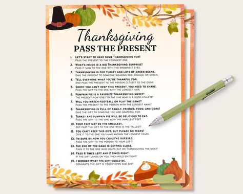 Are you hosting a Thanksgiving party for family and friends? This Thanksgiving party game is perfect to keep guests entertained! ⭐ Includes: - Thanksgiving Pass the Present - 2 Template Sizes 💭 How to Use: 1. Instant download after purchasing 2. Print files out at home or professionally print 3. Have fun! ✨ Get the whole bundle! ✨ https://etsy.me/3DFl87C 💬 Where's my file? Within minutes of your order and payment, an e-mail will be sent to the address you have associated with your Etsy account Pass The Gift Thanksgiving Game, Thanksgiving Right Left Game, Thanksgiving Gift Exchange Game, Thanksgiving Left And Right Game, Left Right Thanksgiving Game, Thanksgiving Pass The Gift Game, Thanksgiving Left Right Game, Thanksgiving Games For Family Hilarious, Thanksgiving Games For Family Fun