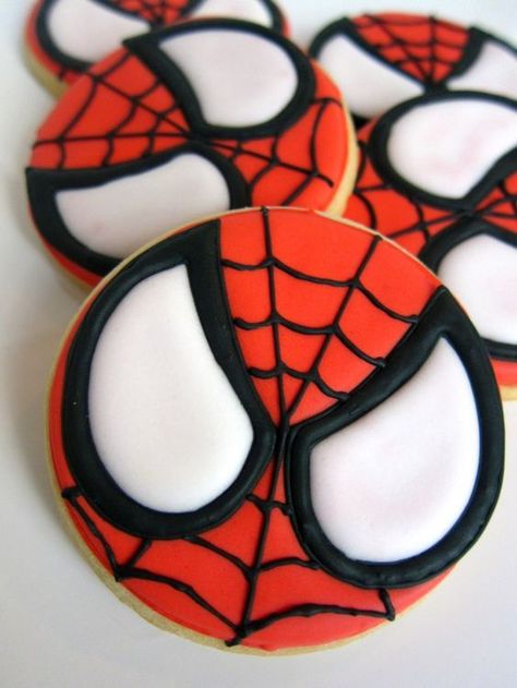 Spiderman Birthday Party Ideas, Spiderman Cookies, Superhero Cookies, Spiderman Birthday Party, Man Cookies, Spiderman Party, Spiderman Cake, Sugar Cookie Designs, Spiderman Birthday