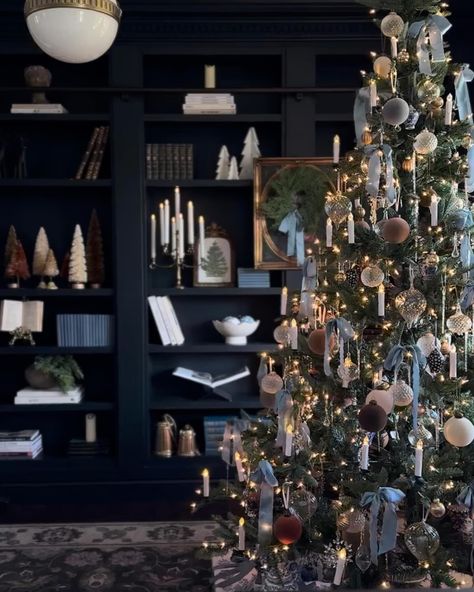 Moody Christmas Tree Ideas, Masculine Christmas Tree, Dark Academia Christmas, Aesthetic Christmas Tree, Enchanting Aesthetic, Chinoiserie Christmas, Dark Christmas, Blue Christmas Tree, Unique Christmas Trees