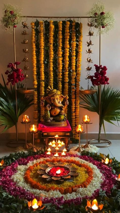 Ganesha Puja Decoration, Diwali Decorations At Home Pooja, Ganesha Pooja Decoration Ideas, Diwali Decoration For Mandir, Home Puja Decoration, Ganesh Chaturthi Home Decoration, God Decoration Ideas At Home, Decoration Ideas Pooja, Home Pooja Decoration