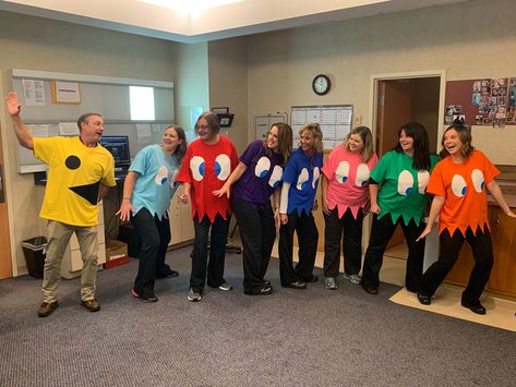 Packman And Ghosts Costume, Ideas For Twin Day At School, Game Themed Costumes, Pac Man Group Costume, Coworker Halloween Costumes Group, Pac Man Trunk Or Treat Ideas, Pac Man Ghost Costume, Ghosts Halloween Costume, Pac Man Halloween Costume