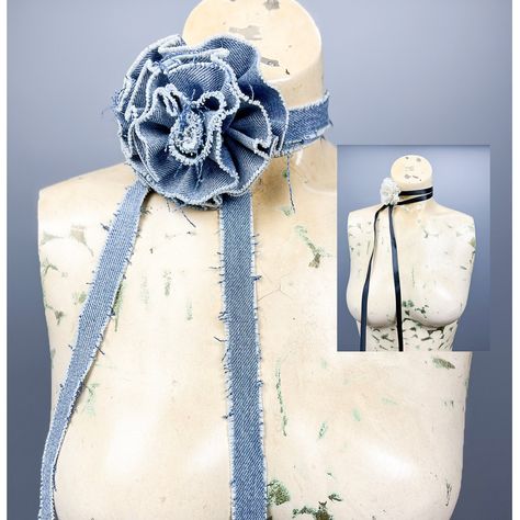 Denim Roses, Jeans And Lace, Denim Choker, Recycled Jeans Bag, Denim Scraps, Denim Tie, Denim Flowers, Flower Choker, Cloth Flowers