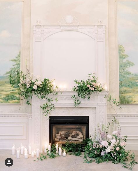 Fireplace Decor For Wedding, Fireplace Florals, Wedding Mantle, Fireplace Wedding, Wedding Fireplace, Ceremony Inspiration, Toronto Wedding, Flower Candle, Mantle Decor