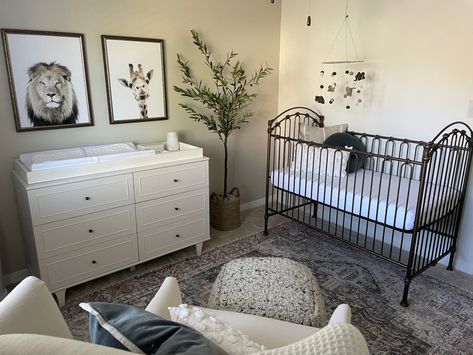 Boy - neutral - safari- Bratt Decor wroght iron crib - serena and lily mobile - west elm olive tree- pottery barn dawson changing table Iron Crib Nursery, Safari Boy Nursery, Bratt Decor Crib, Safari Nursery Boy, Changing Table Decor, Iron Crib, Small Nurseries, Nursery Room Inspiration, Serena And Lily