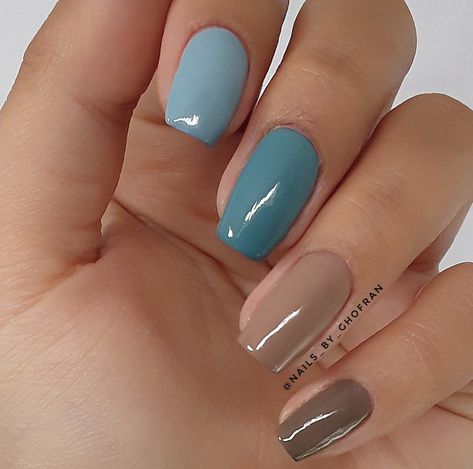 September Nail Ideas Blue, 2 Color Manicure Ideas, Blue September Nails, Aqua And Brown Nails, Blue Beige Nails, Beige And Blue Nails, Blue And Tan Nails, Blue And Beige Nails, Denim Blue Nails