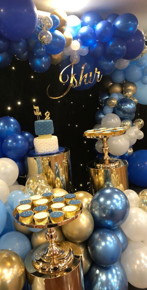 Blue And Golden Birthday Decoration, Blue Black And Gold Birthday Party Decorations, Dark Blue And Gold Birthday Theme, 50th Birthday Party Ideas For Men Blue And Gold, Blue Gold Birthday Theme, Blue And Gold Birthday Theme, Shades Of Blue Birthday Party Ideas, Blue And White Birthday Theme, Blue And Gold Birthday Decorations