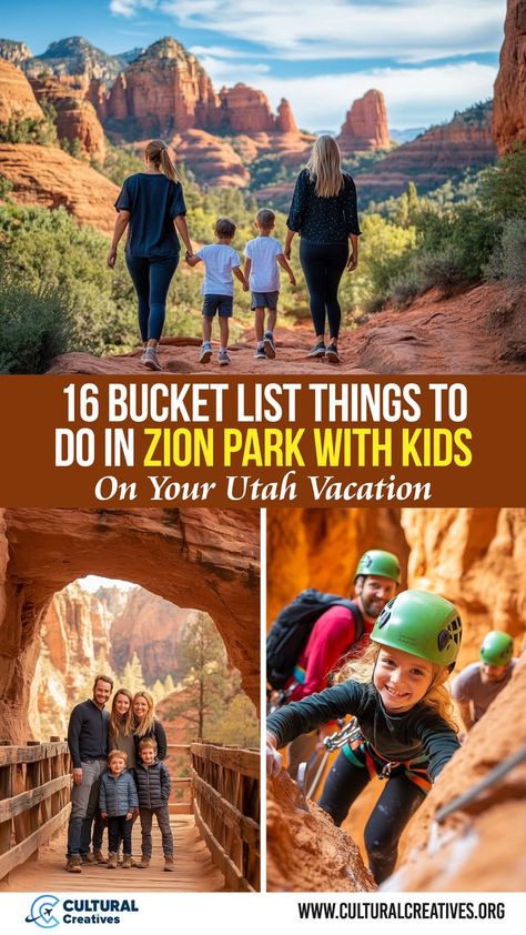 A family enjoys outdoor adventures and scenic hikes in Zion National Park, highlighting 16 bucket list things to do in Zion Park with kids, including exploring red rock trails and engaging in fun activities like rock climbing. 16 Bucket List, Zion Hikes, Zion Utah, Zion Park, Utah Vacation, Zion Canyon, Arizona Hiking, Things To Do With Kids, Hiking With Kids