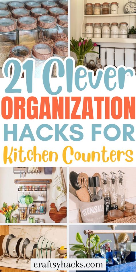 Transform your kitchen counter tops with these smart kitchen organization ideas! Discover organization hacks and storage solutions to keep your kitchen organized. Kitchen Worktop Storage Ideas, Kitchen Sink Strainer Ideas, Kitchen Counter Ideas Organizing, Kitchen Bar Organization Ideas, Kitchen Catch All Organization, How To Organise A Pantry, Organizer Ideas For Kitchen, Food Shelf Organization, Organizing Countertops Kitchen