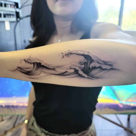 Celtic Wave Tattoo, Family Wave Tattoo, Crashing Wave Tattoo, Tide Tattoo Ocean, Realistic Wave Tattoo, Waves Tattoo Sleeve, Wave Sleeve Tattoo, Doggie Tattoos, Ocean Waves Tattoo