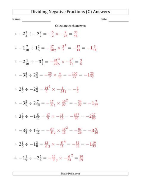 The Dividing Negative Mixed Fractions with Denominators to Twelfths (C) math worksheet page 2 Dividing Mixed Fractions, Mixed Fractions Worksheets, Dividing Fractions Worksheets, 9th Grade Math, 7th Grade Math Worksheets, Mixed Fractions, Math Drills, Classroom Anchor Charts, Homeschool Worksheets