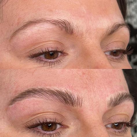 Hair Stroke Eyebrow Tattoo: All You Need to Know Hairstroke Eyebrows, Tattoo New York, Cosmetic Tattoo Eyebrows, Eyebrow Before And After, Eyebrow Tattoos, Tattoo New, Dark Eyebrows, Tattoo Techniques, Permanent Makeup Eyebrows