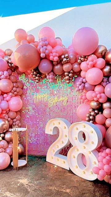 28 Birthday Decorations, 28th Birthday Ideas, Pink Birthday Theme, Marquee Numbers, 21st Birthday Balloons, 30th Birthday Balloons, Cake Backdrops, Happy 28th Birthday, Sweet 16 Party Decorations